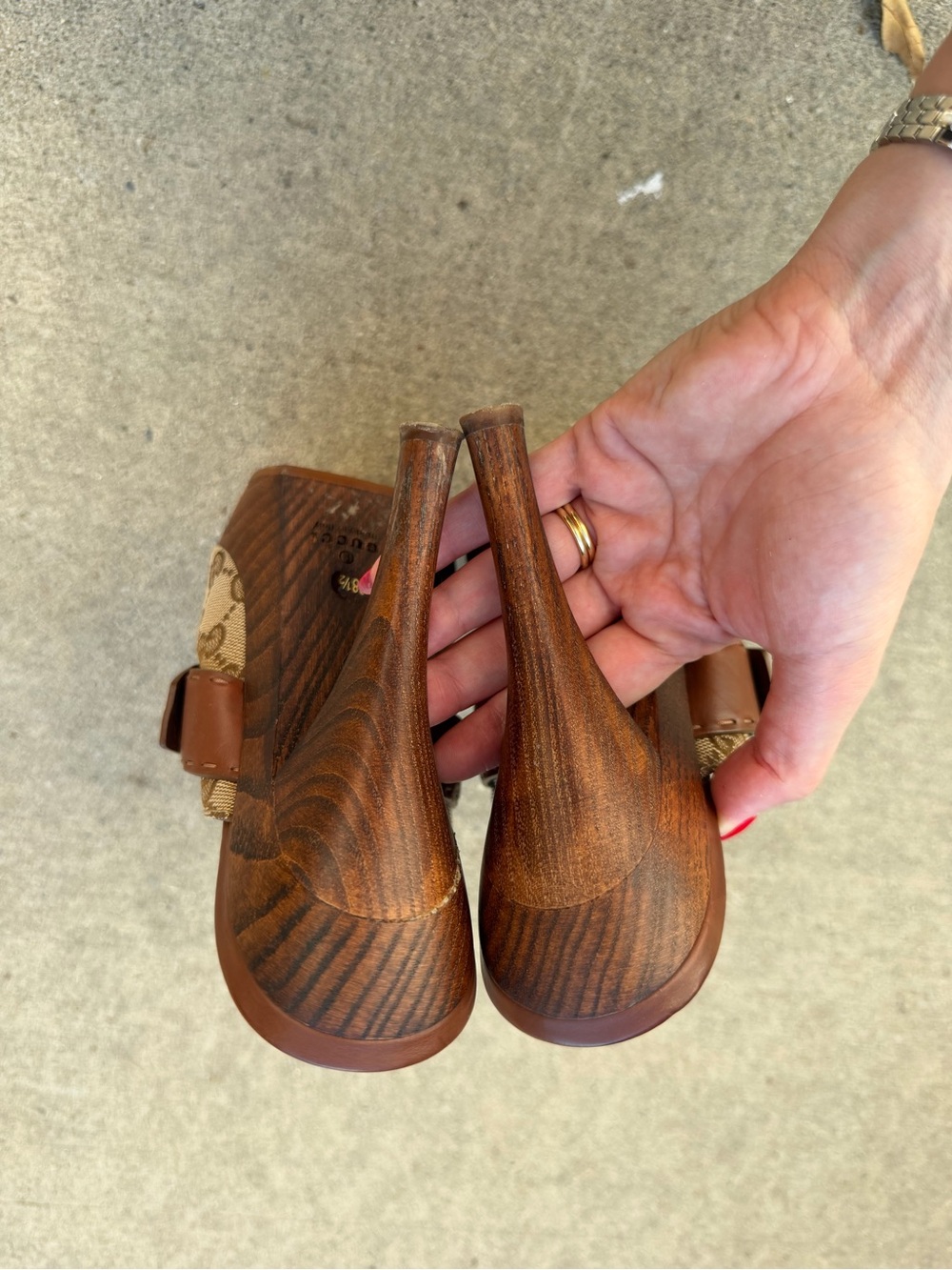 Vintage Gucci Brown Monogram GG Canvas Peep-Toe Platform Mules with Gold Buckle - Picture 6 of 7